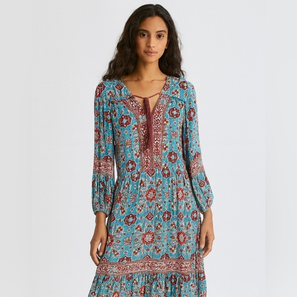 Lola P. Elegant Boho Bohemian tiered Sheer Floral Maxi Dress, Teal/Rust, S